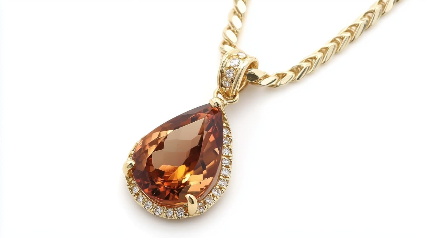 Pear-cut andalusite pendant in orange-brown with a diamond halo on a gold chain