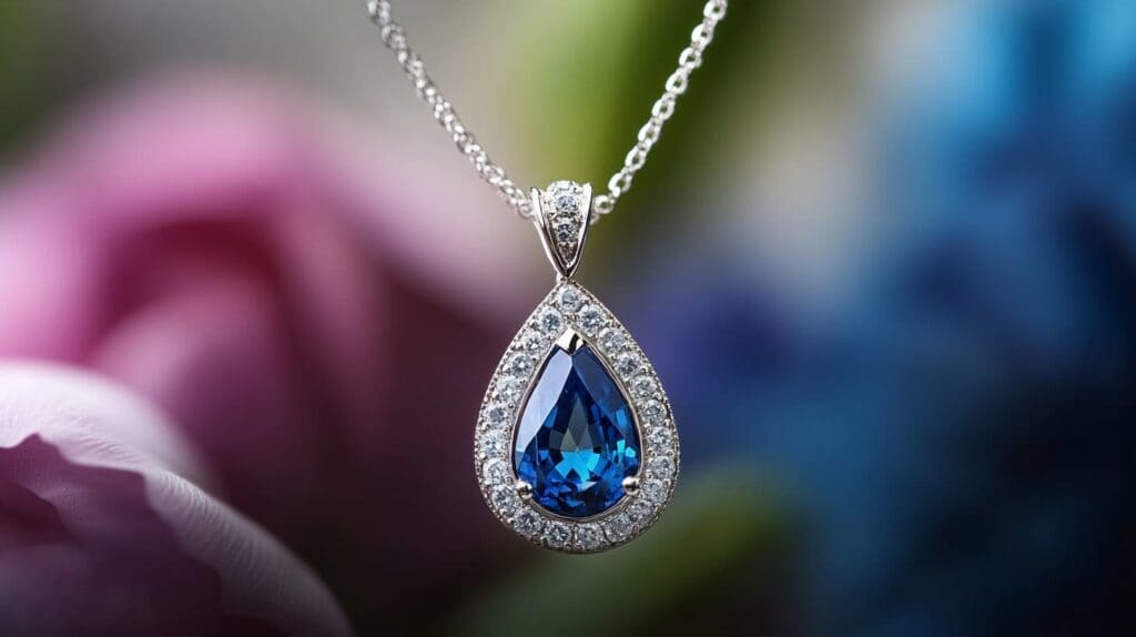 Stunning teardrop-shaped blue sapphire pendant surrounded by a diamond halo, highlighting the brilliance and allure of sapphire gemstones.
