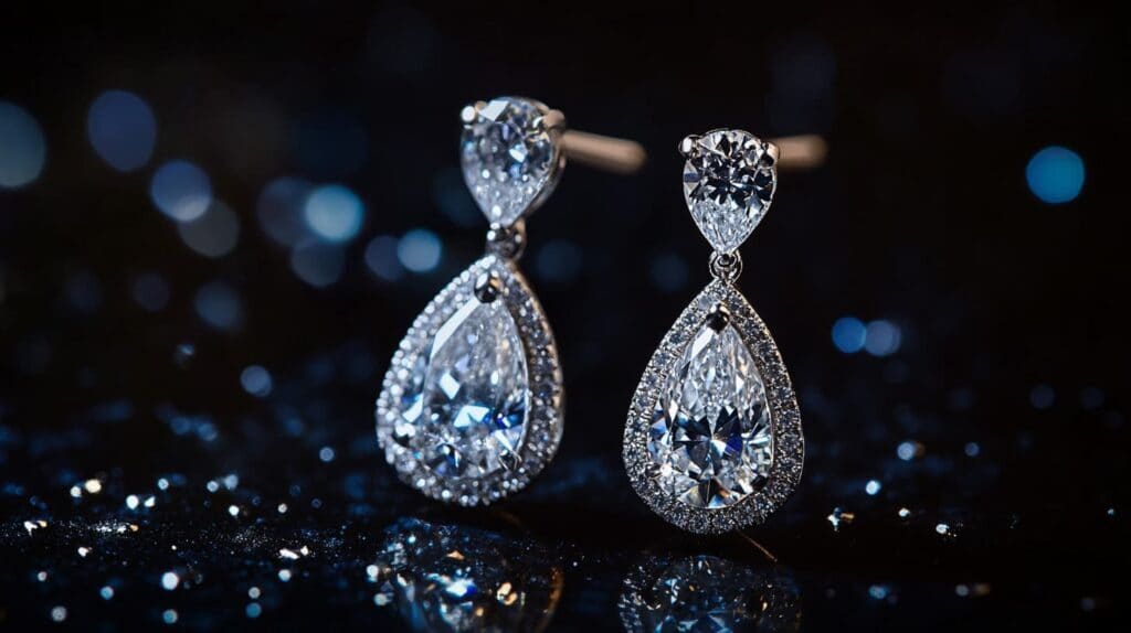 Exquisite teardrop-shaped diamond earrings with a halo of smaller diamonds, sparkling against a dark, glittering background.