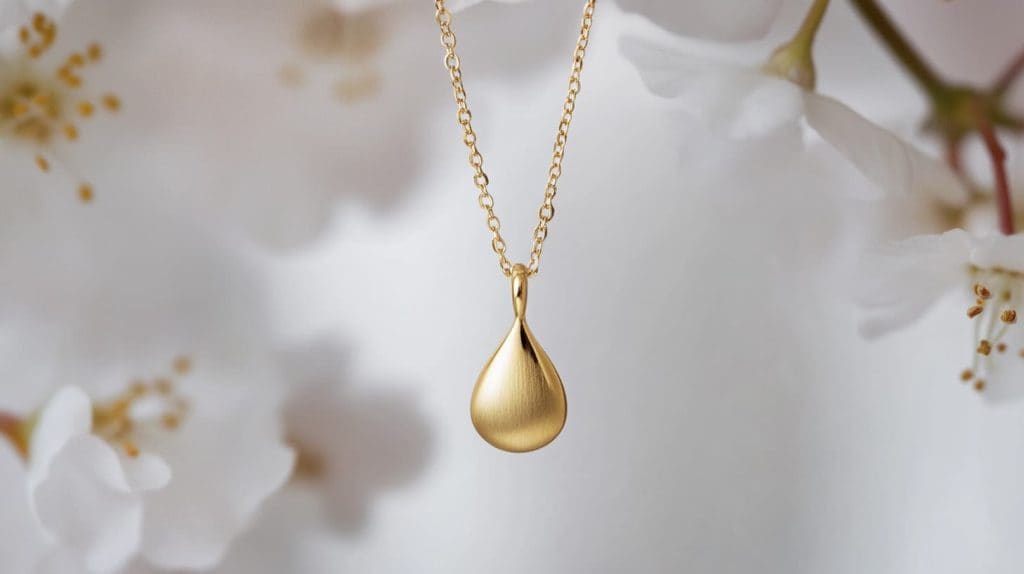 Delicate gold teardrop pendant necklace with a minimalist design, beautifully styled with soft floral background for a timeless look.