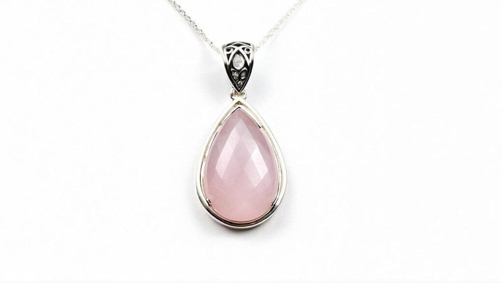 Faceted teardrop rose quartz pendant in a detailed sterling silver setting, photographed on a clean white background.