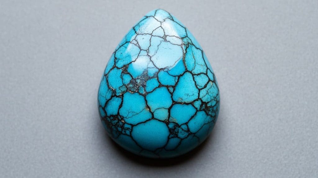 Close-up of a teardrop-shaped turquoise gemstone featuring vibrant blue color and intricate black matrix patterns, a December birthstone.