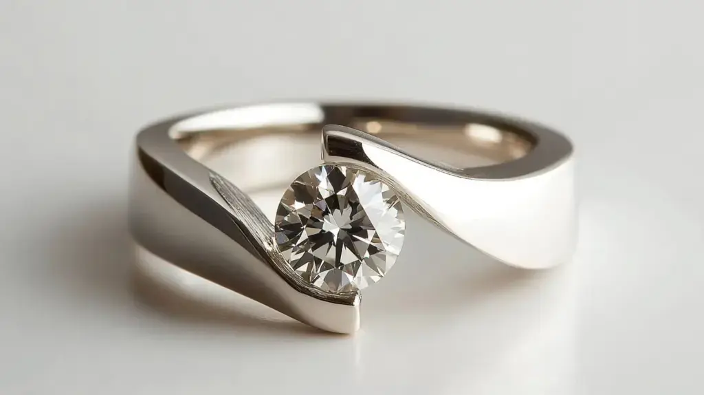 Close-up of a modern tension setting diamond ring with a sleek metal band holding a round brilliant diamond.