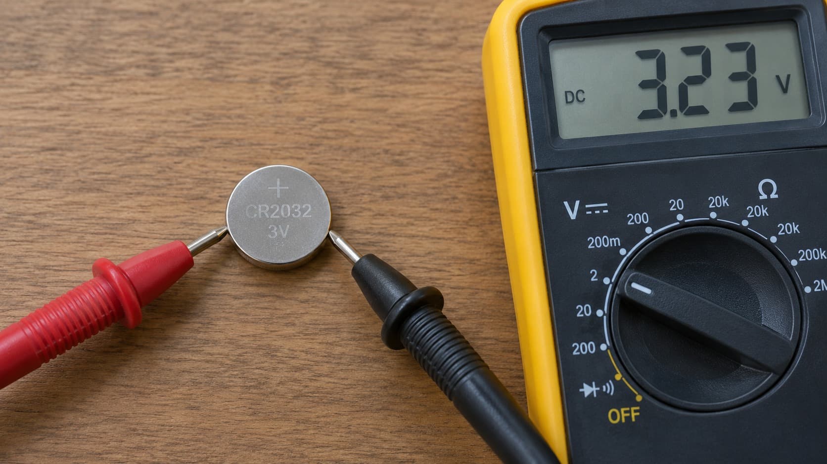 Testing a CR2032 watch battery with a digital multimeter