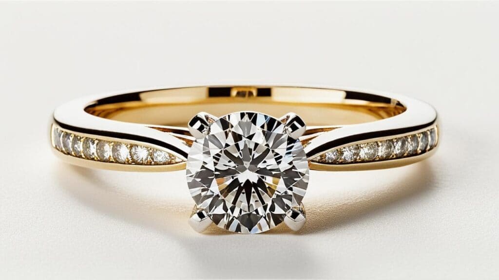Close-up of diamond engagement ring showing clear facets and brilliant sparkle for authentication testing