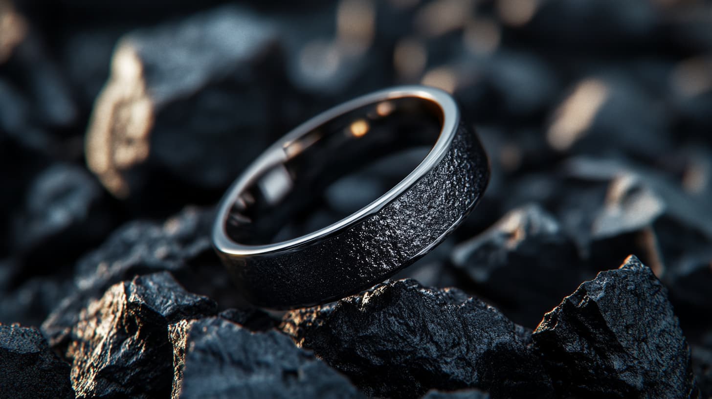 Black gold band with a rough textured surface resting on dark volcanic rocks