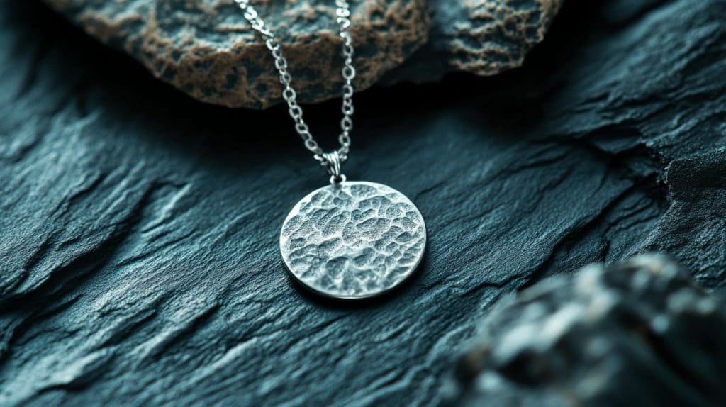 A textured circular pendant made of German silver, displayed on a matching chain against a slate backdrop.
