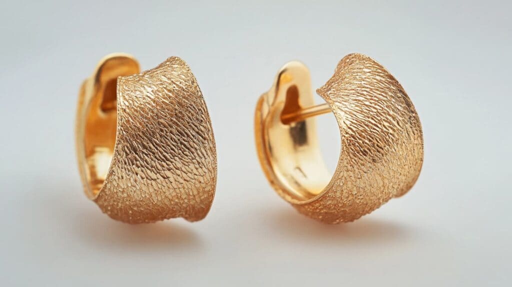 Pair of gold earrings with a detailed brushed texture, emphasizing the unique surface pattern and elegant design.