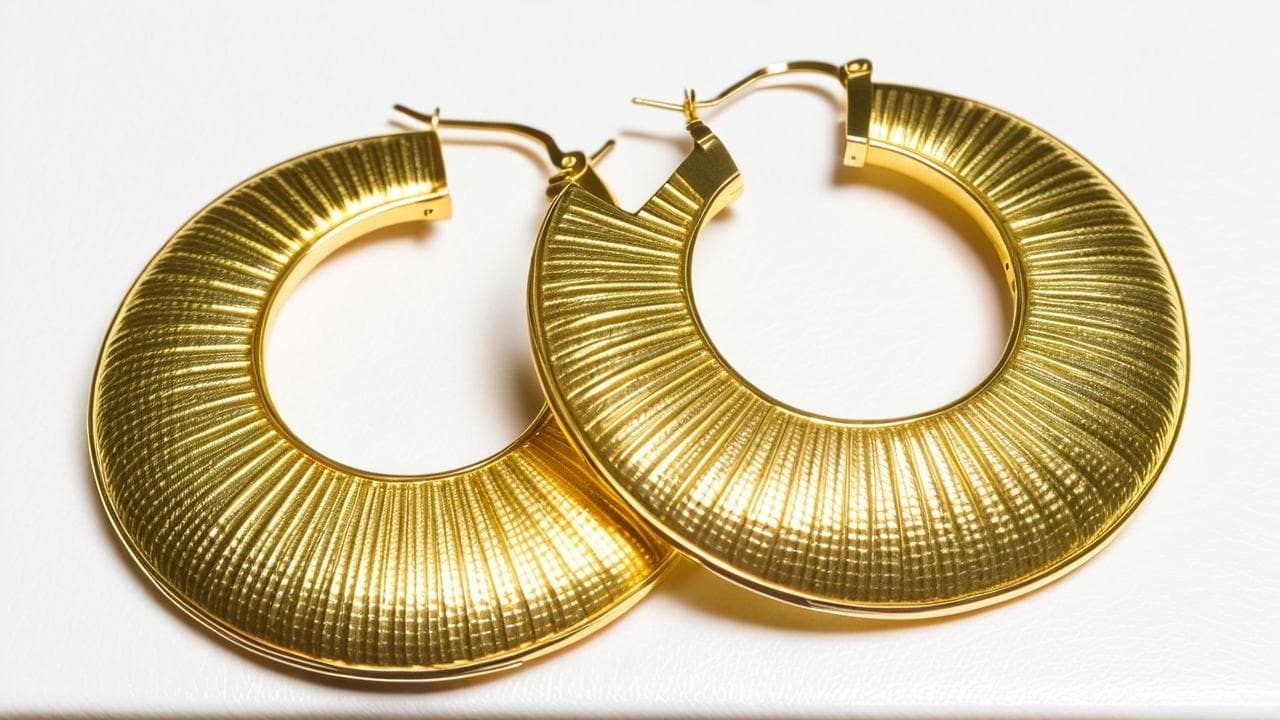 Wide gold hoop earrings with ribbed sunburst texture on a white surface