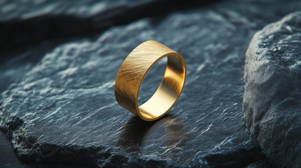 Close-up of a textured gold ring resting on a rugged stone surface, highlighting its matte finish and elegant design.