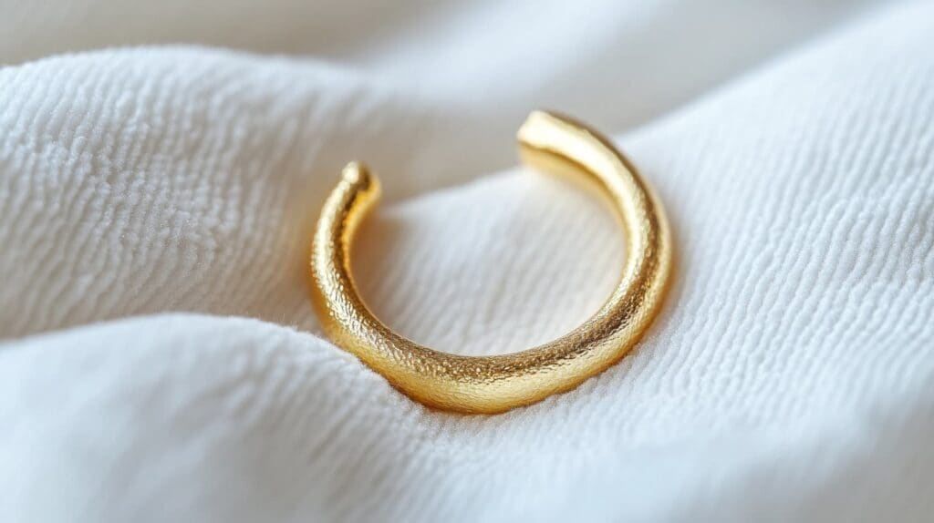 Textured gold toe ring placed on soft white fabric, highlighting its luxurious finish and fine details.