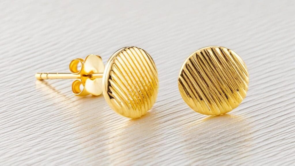 Minimalist textured gold vermeil stud earrings with a modern round design on a wooden surface.