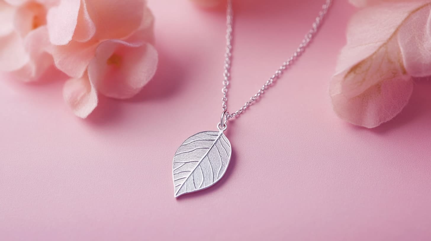 Silver leaf pendant with veined texture on a pink background with blossoms
