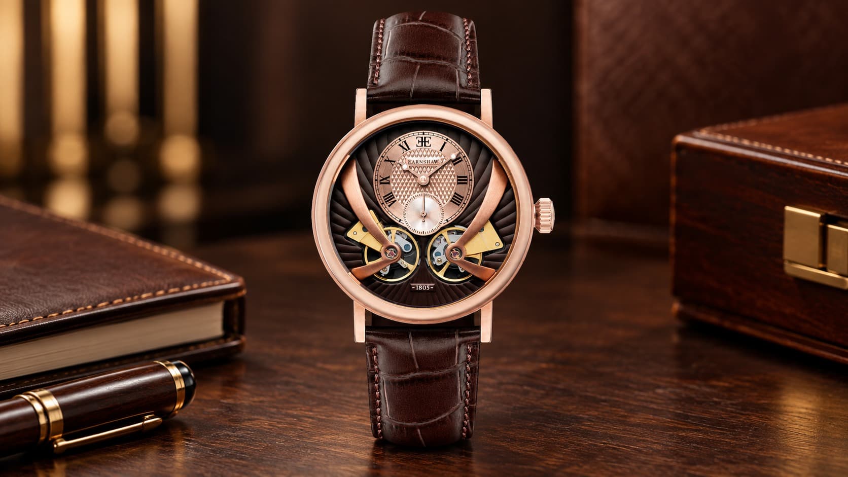 Thomas Earnshaw Beaufort automatic watch in rose gold with a double-barrel skeleton movement and brown leather strap