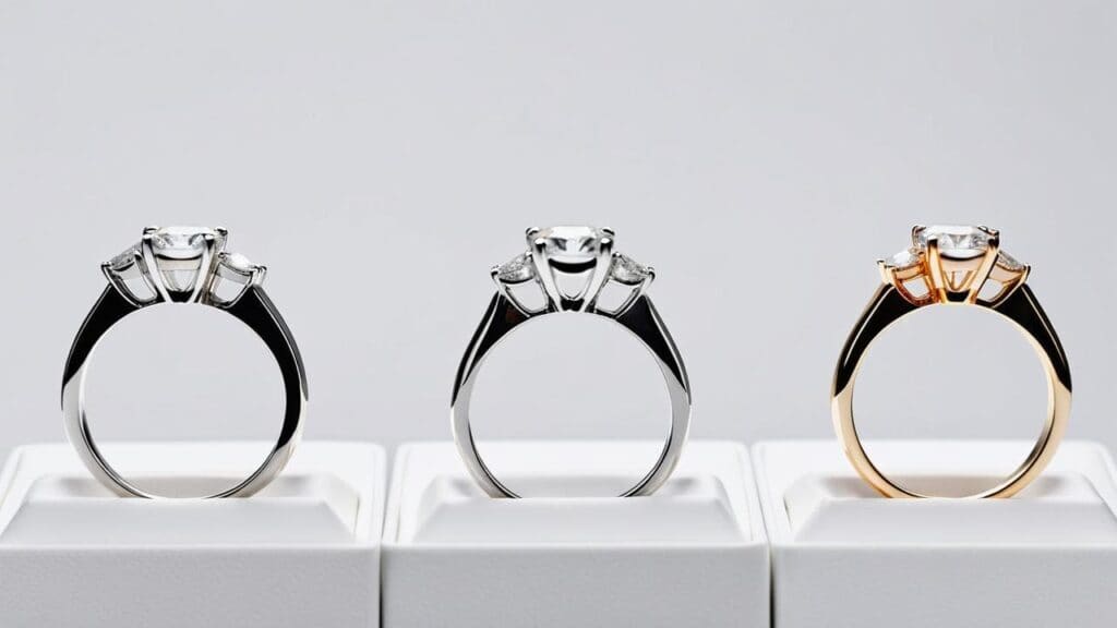 Three engagement rings with round diamonds displayed on white platforms showing white gold and rose gold options