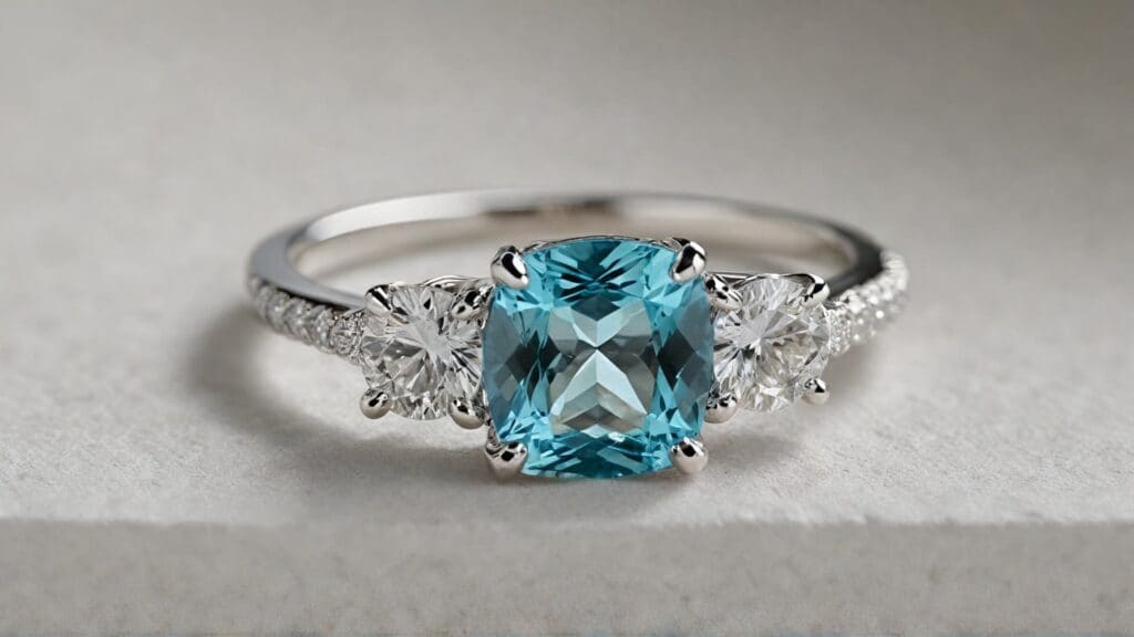 Stunning three-stone aquamarine engagement ring featuring a cushion-cut center stone flanked by two round diamonds on a white gold band.