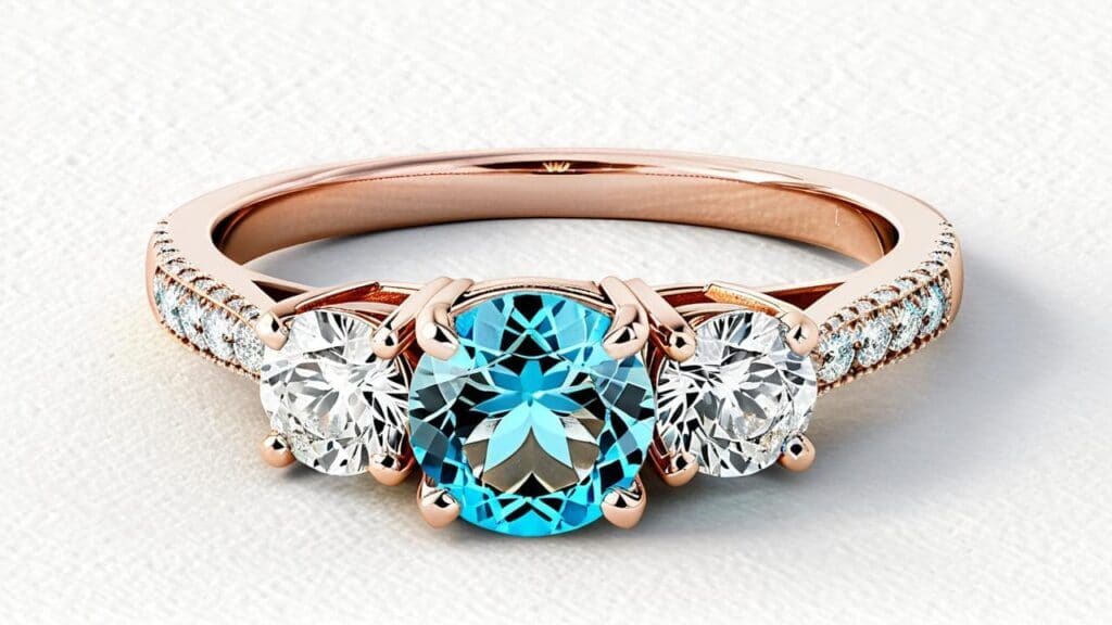 Three-stone engagement ring with a round blue topaz center and diamond side stones set in rose gold