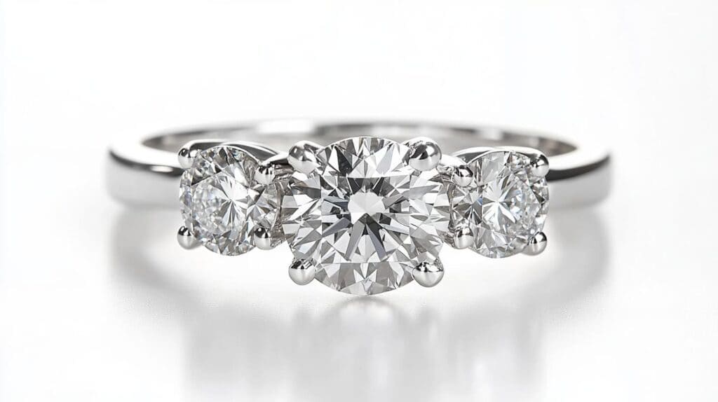 A timeless three-stone engagement ring featuring a round-cut diamond center stone with two matching side diamonds set in a sleek platinum band.