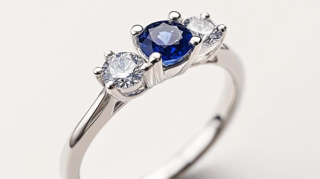 A beautiful three-stone ring featuring a round blue sapphire center stone flanked by two sparkling diamonds, set in a white gold band.