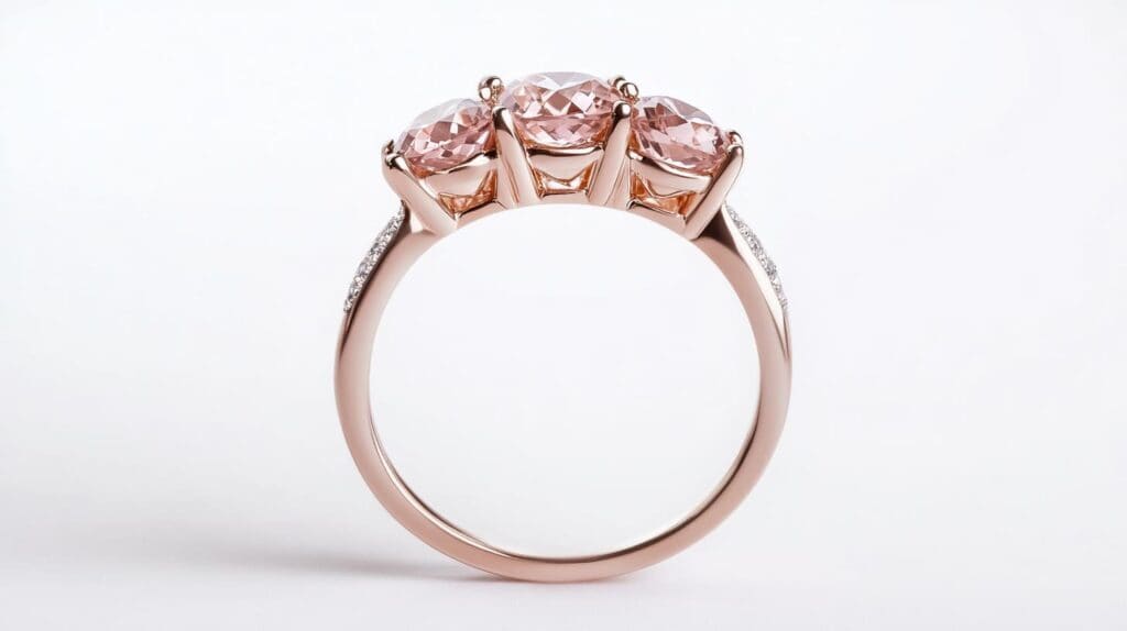 Elegant three-stone ring with oval-cut morganite gemstones set in a rose gold band, accented with small diamonds along the sides.