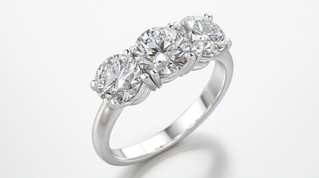 A three-stone prong-set diamond ring on a light background, highlighting its elegant design and the brilliance of the securely set diamonds.