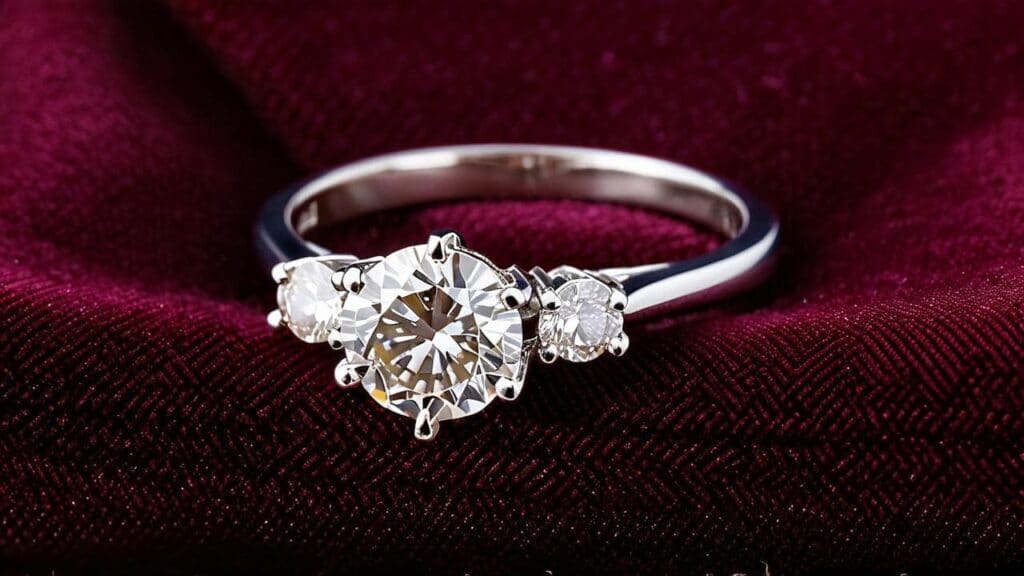 Classic white gold three-stone engagement ring with round diamonds displayed on a rich burgundy velvet background.