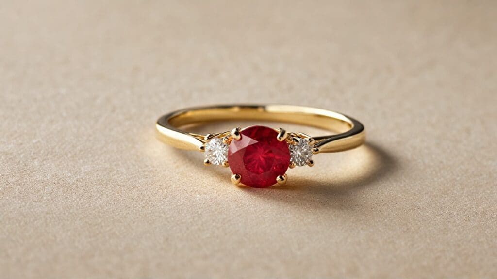 A three-stone ruby engagement ring in yellow gold, featuring a vibrant red ruby flanked by two round diamonds for a timeless and elegant look.