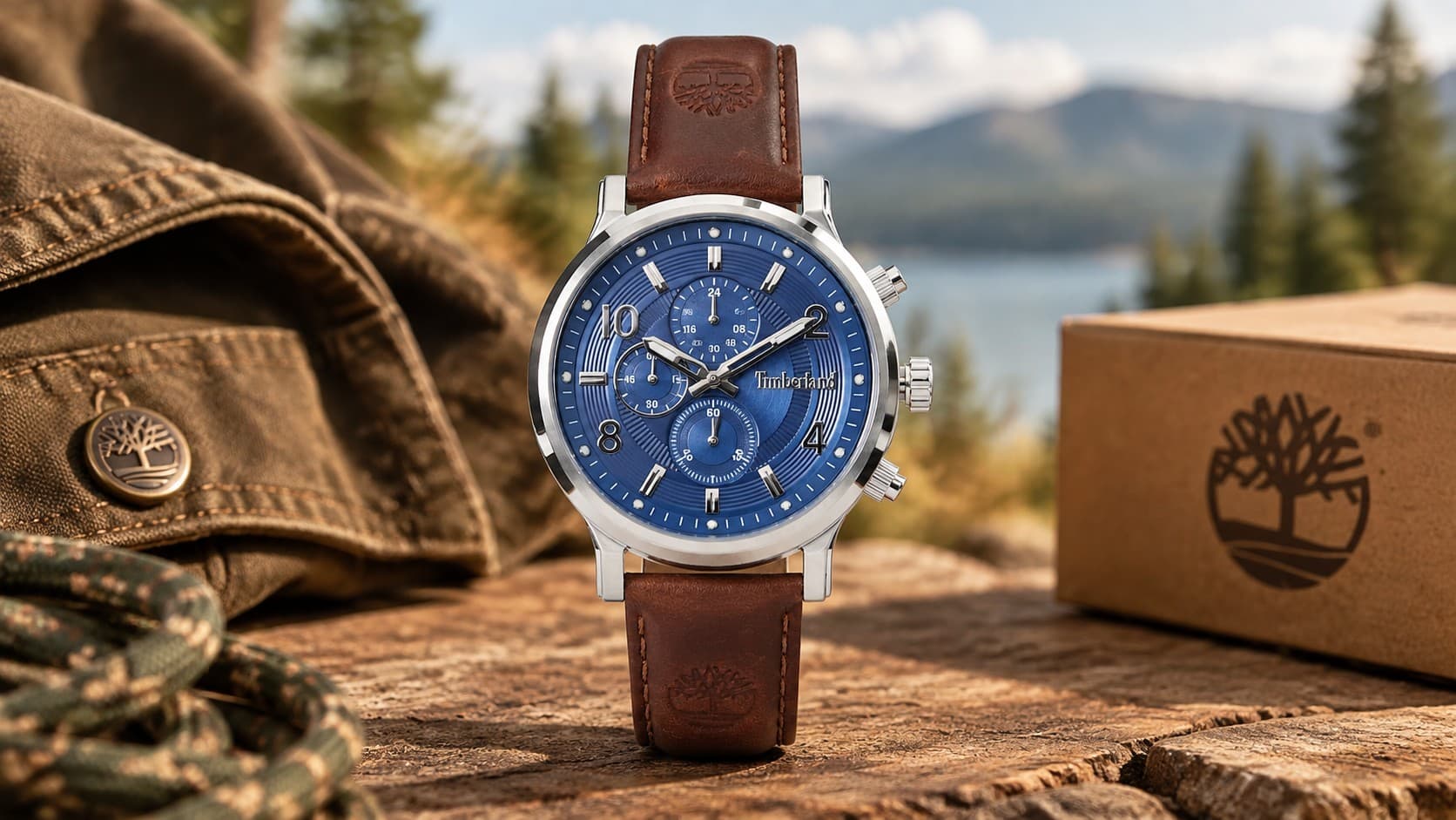 Timberland Driscoll men's chronograph watch with blue dial and brown leather strap