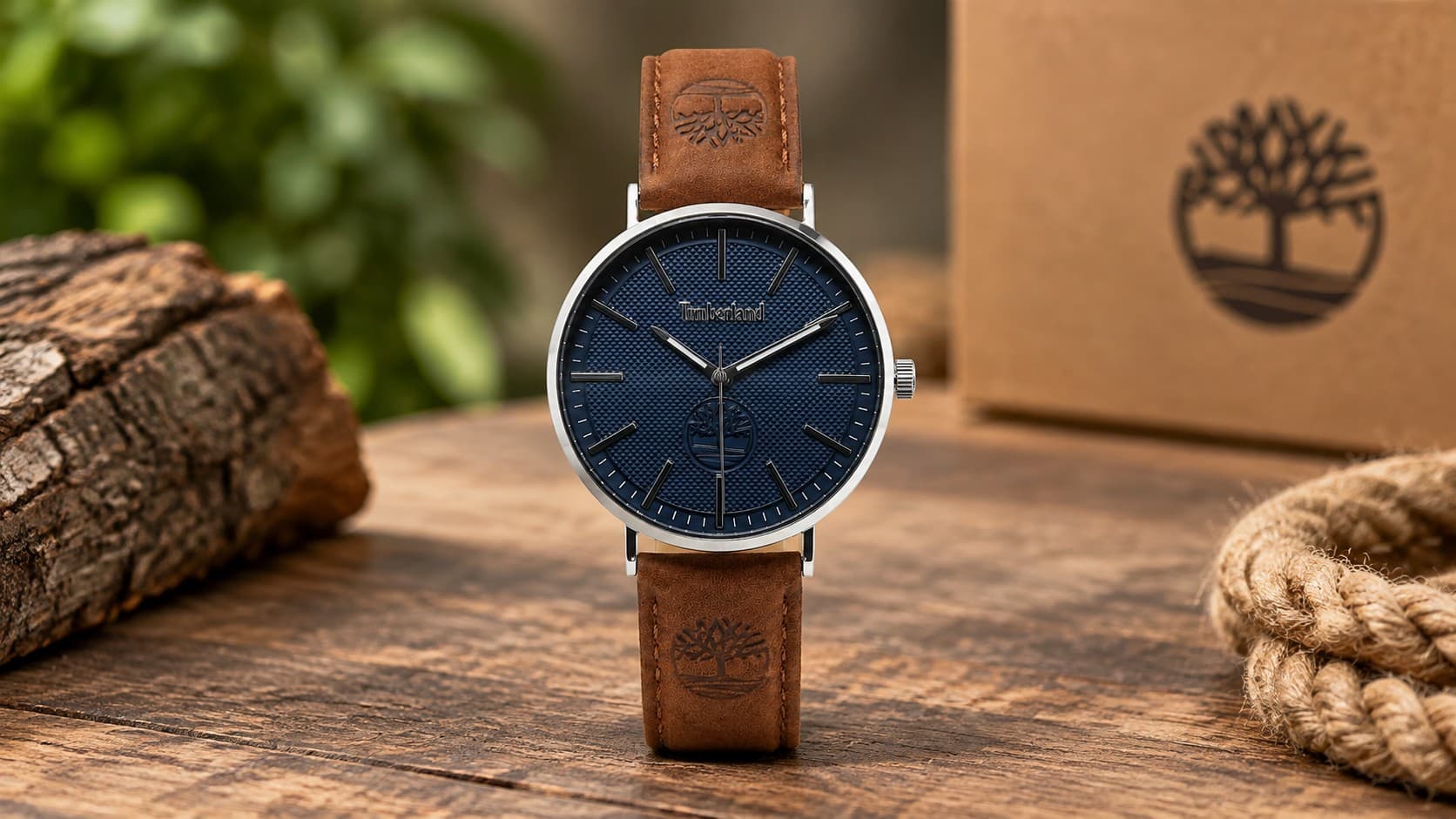 Timberland men's analog watch with blue dial and brown leather strap