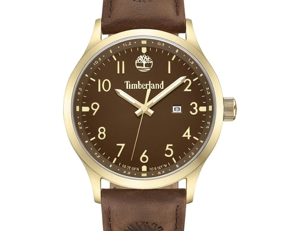 Timberland watch with brown dial, gold case, tree logo and brown leather strap