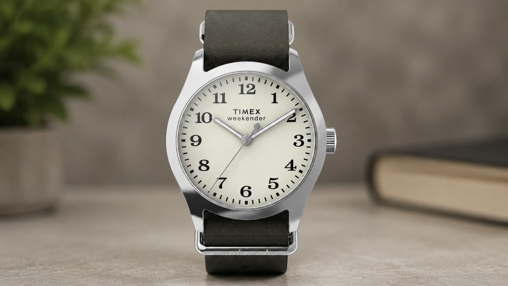 Timex Weekender New England watch with a cream dial and black leather strap
