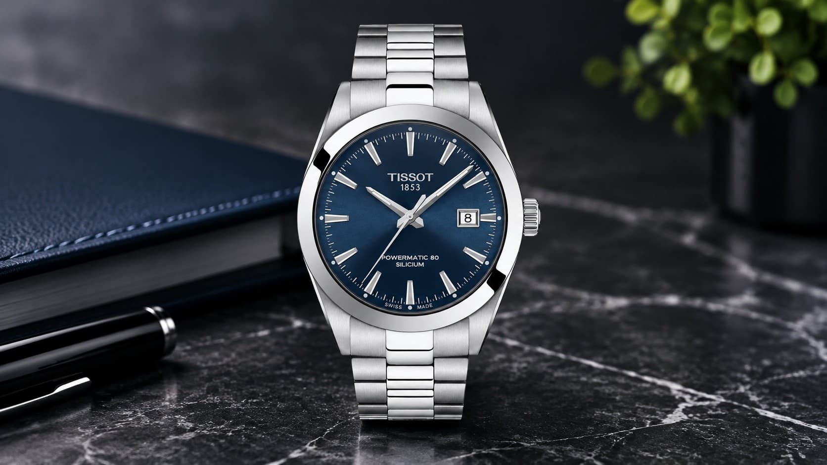 Tissot Gentleman 40mm Powermatic 80 Silicium watch with blue dial and steel bracelet