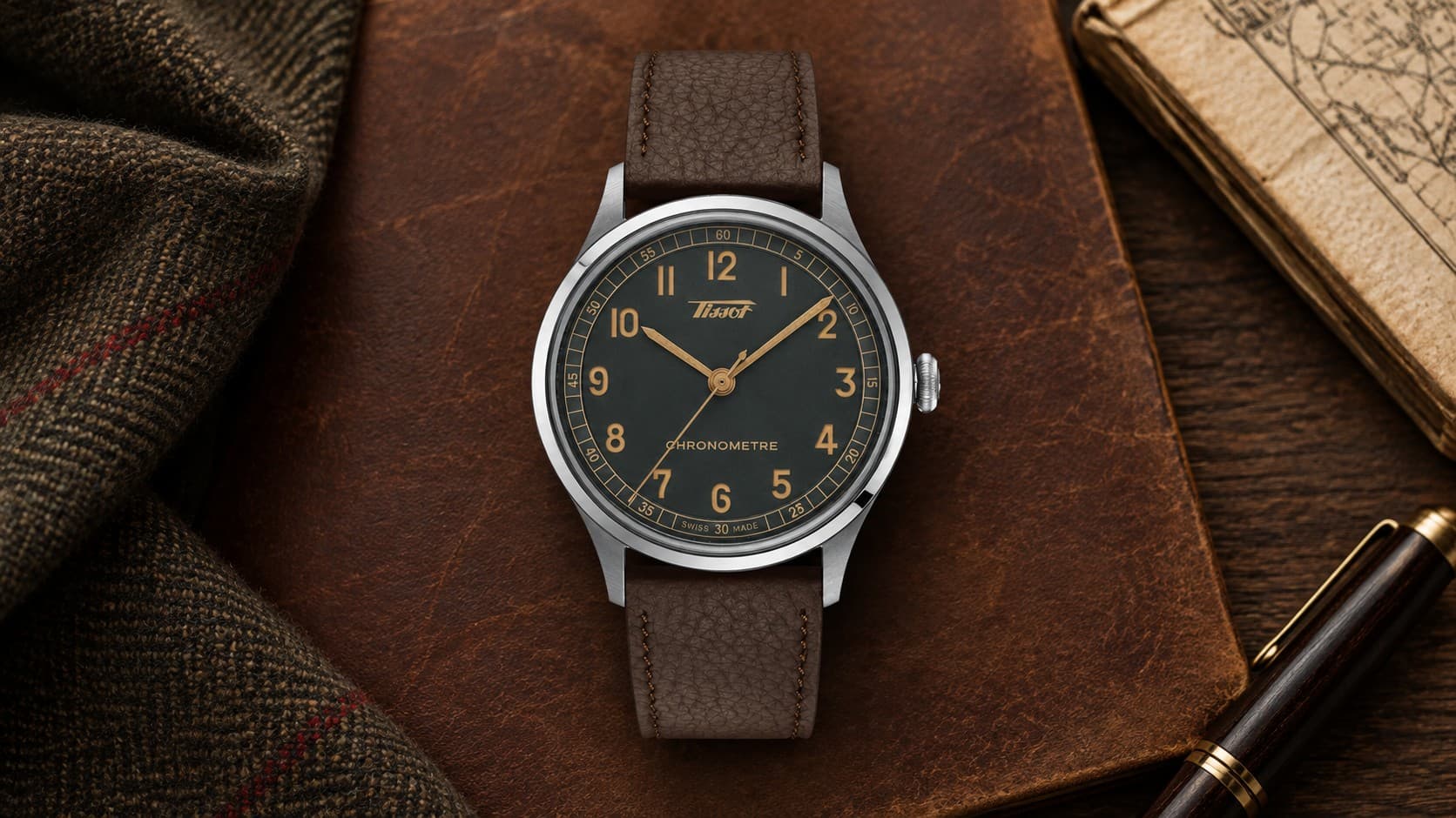Tissot Heritage 1938 39mm chronometer watch with black dial and brown leather strap