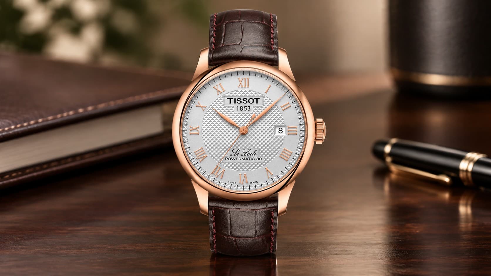 Tissot Le Locle 39.3mm Powermatic 80 watch with rose gold case and brown leather strap