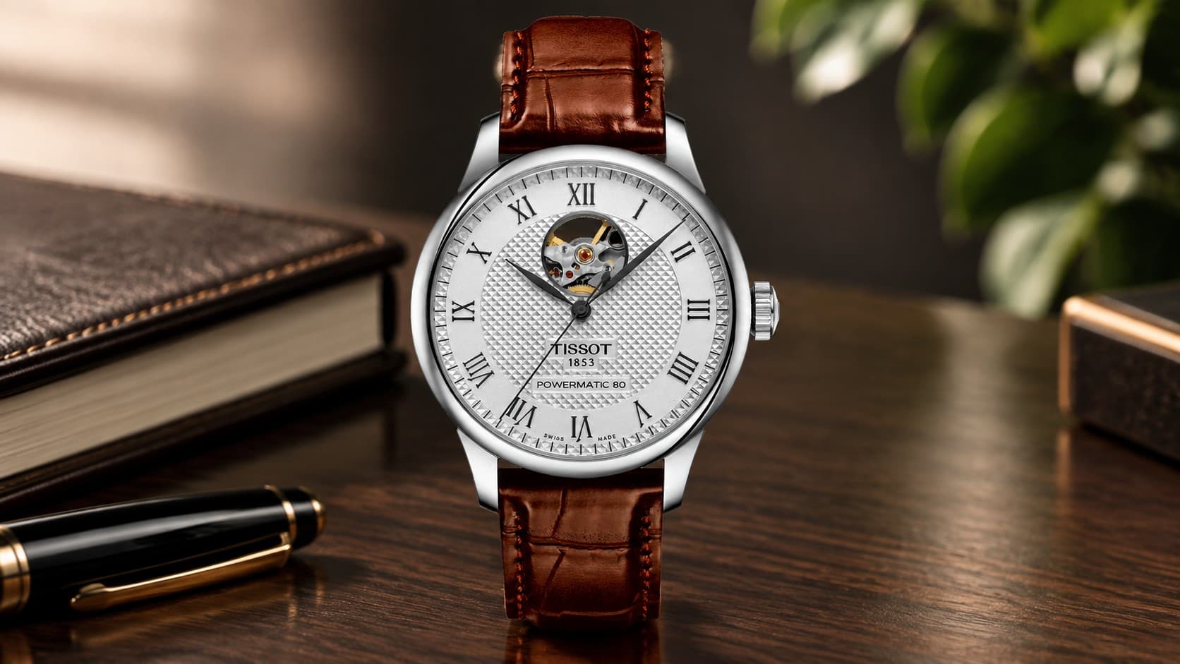 Tissot Le Locle Powermatic 80 Open Heart watch with brown leather strap and silver dial