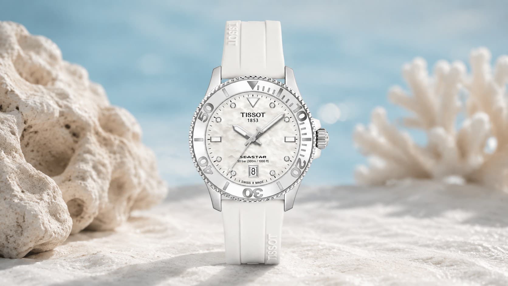 Tissot Seastar 1000 dive watch with white mother-of-pearl dial and white rubber strap