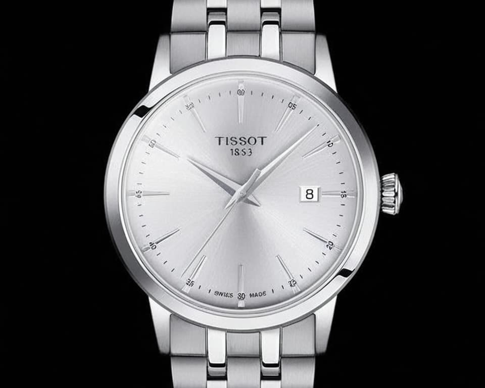 Tissot stainless steel watch with matching metal bracelet displaying elegant silver dial and Swiss made quality construction