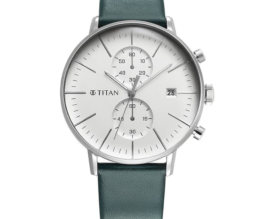 Titan chronograph with silver dial, twin subdials and dark green leather strap