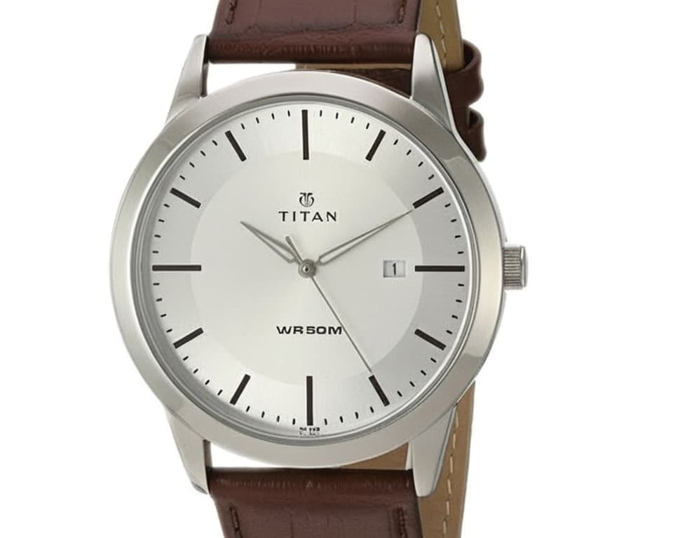 Titan classic dress watch featuring white dial, brown leather strap, date window, and WR 50M water resistance marking