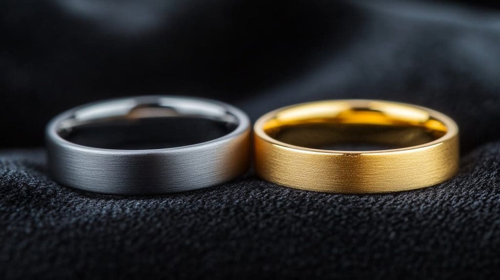 Two wedding bands—one brushed titanium and one gold-finished titanium—side by side on a black velvet surface, showcasing modern and durable designs for couples.