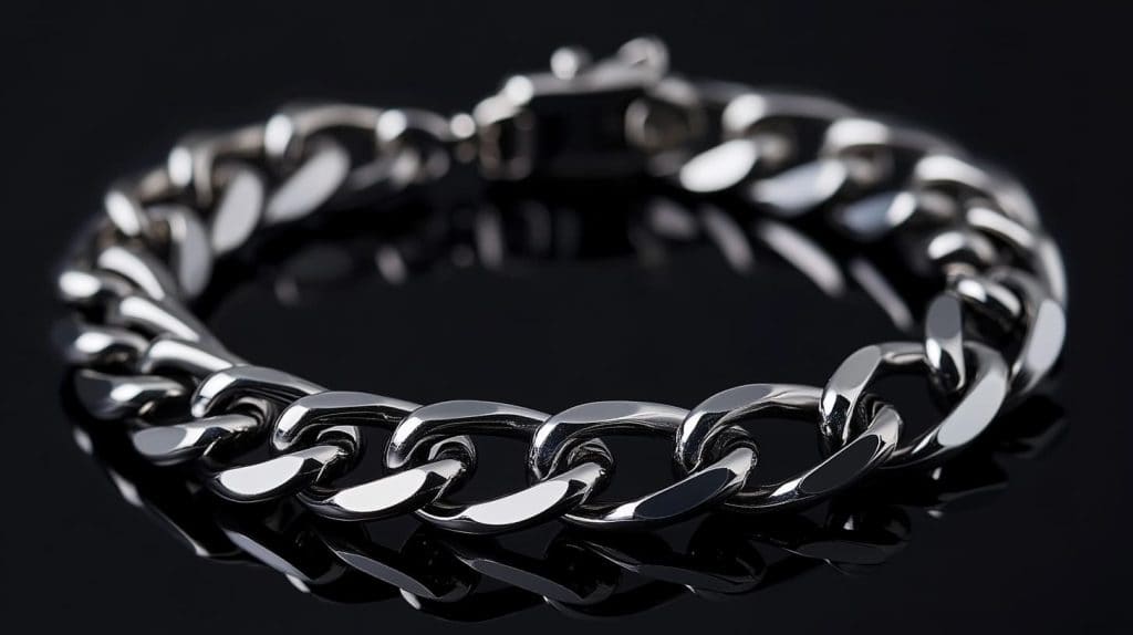 High-shine titanium chain bracelet with bold, interlocking links, highlighted against a black background, emphasizing durability and contemporary style.