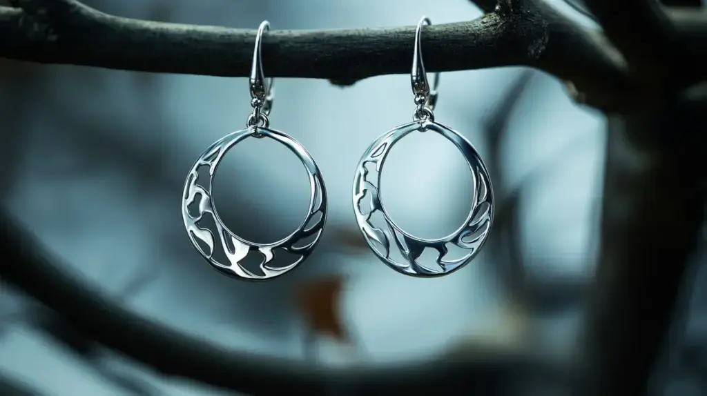 Pair of titanium hoop earrings hanging from a branch, featuring a hypoallergenic design perfect for sensitive ears.