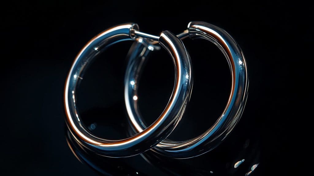 Close-up of polished titanium hoop earrings with a sleek, reflective finish, showcasing their lightweight and durable design on a dark background.