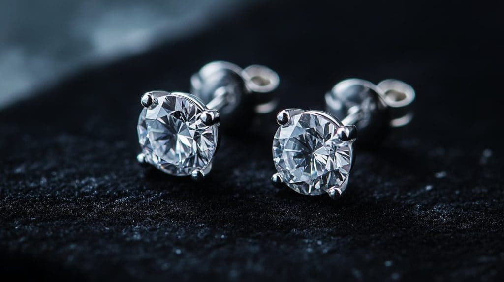Pair of titanium stud earrings featuring sparkling round-cut diamonds, set against a velvet black background for a timeless, hypoallergenic jewelry option.