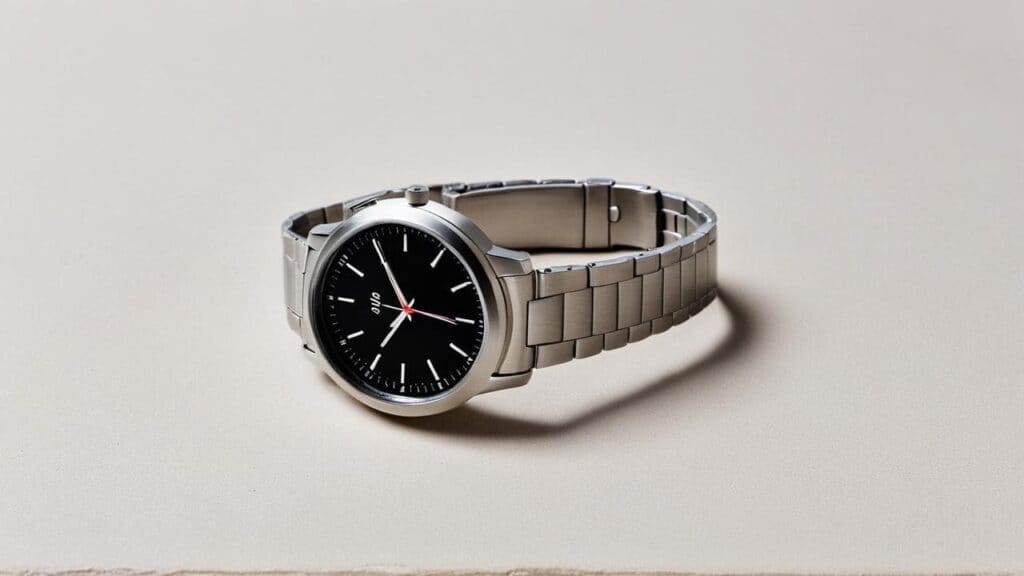 Titanium watch with stainless steel metal bracelet featuring black dial and hypoallergenic band for preventing watch band irritation