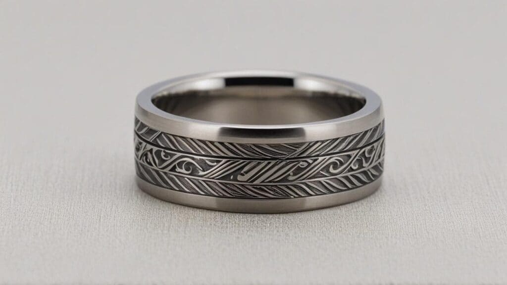 Titanium wedding band showcasing 3D engraved braided design with multiple depth levels