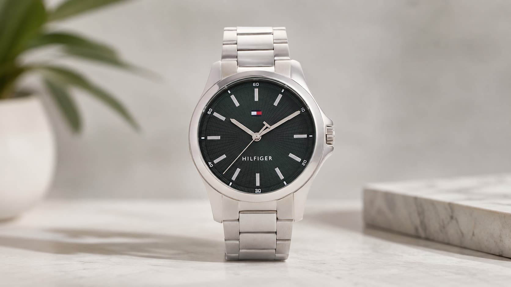 Tommy Hilfiger stainless steel watch with green dial and chain-link strap