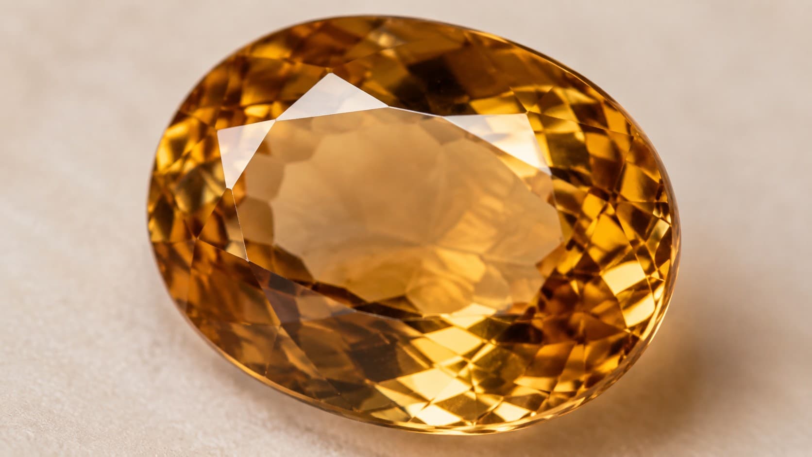Close-up of a faceted golden-brown topaz gemstone, November's traditional birthstone