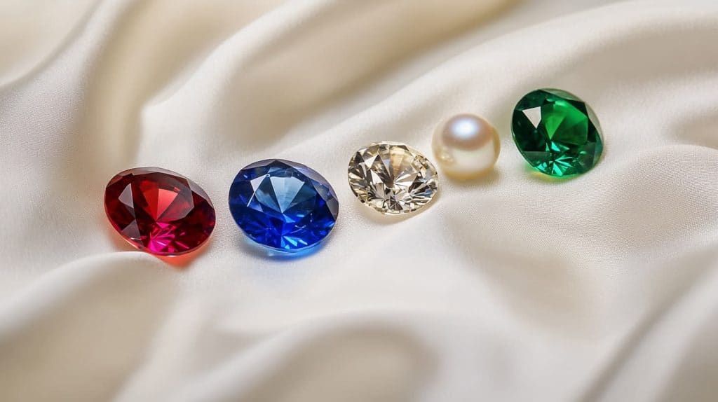 Traditional anniversary gemstones, including ruby, sapphire, diamond, pearl, and emerald, displayed on elegant fabric to symbolize love and marriage milestones.