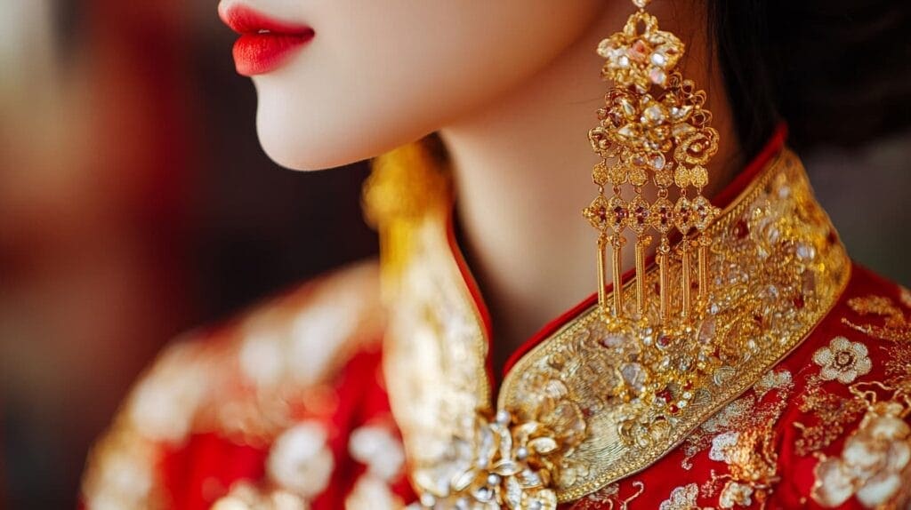 Close-up of a bride wearing traditional Chinese jewelry with intricate 999 gold earrings, symbolizing prosperity and cultural heritage.